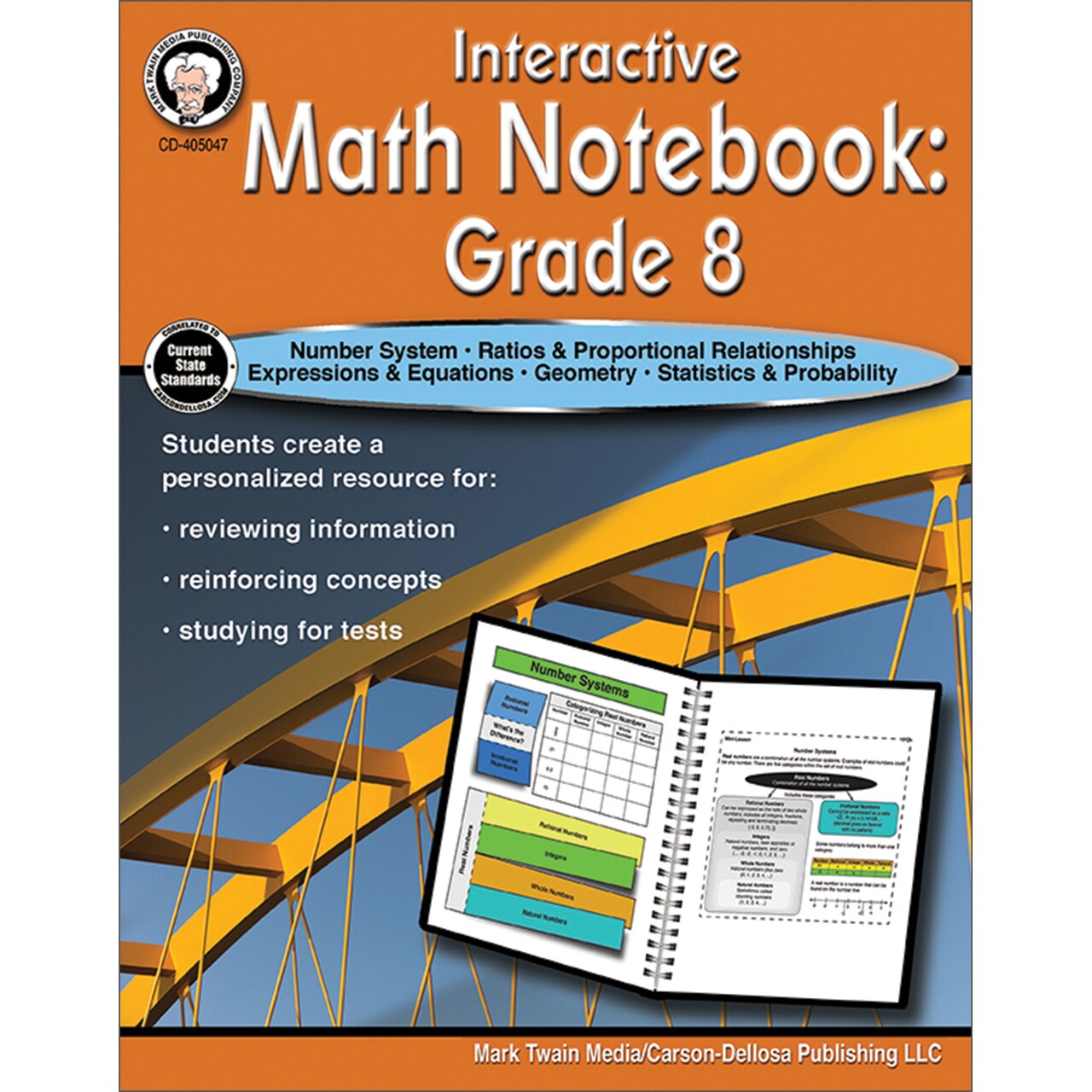 Mark Twain - Interactive Math Notebook Resource Book, Math Workbook, 64 Pages, Grade 8